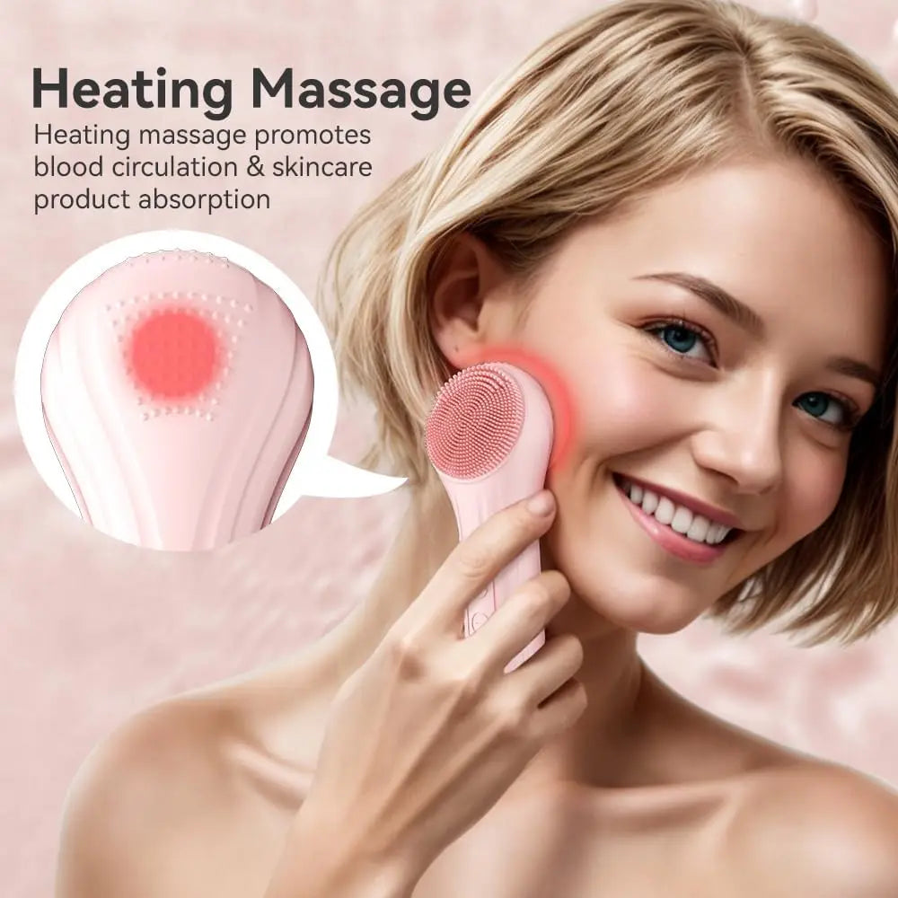 Electric Silicone Face Cleansing Brush Heated Vibrating Scrubber