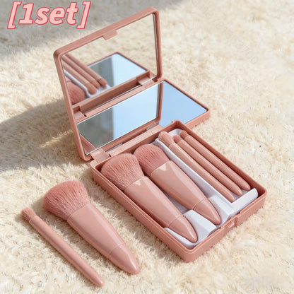 Portable Pink Makeup Brush Kit Mirror Beauty Tools