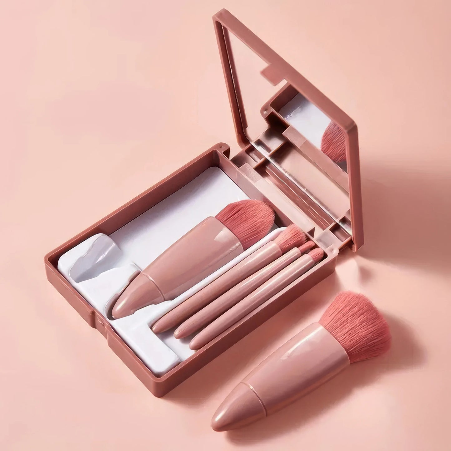 Portable Pink Makeup Brush Kit Mirror Beauty Tools